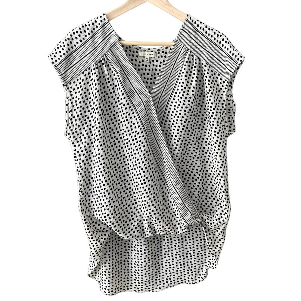 Max Studio High Low Sleeveless Blouse - Polka Dot Stripes - Black and White - L